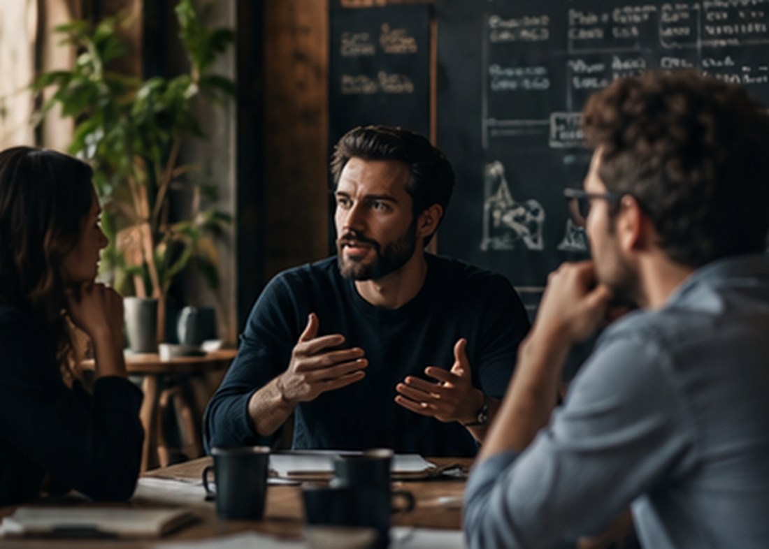 Business workspace and people discussing their work